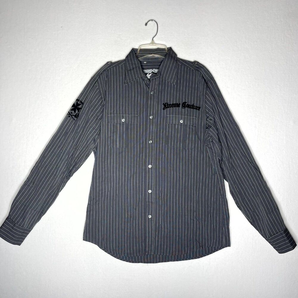 Xtreme Couture‎ Black/White Striped button Up LS Shirt Mens Size Large